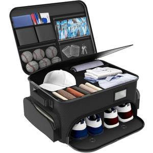WALMANN Golf Trunk Organizer  Large 2-Layer Storage Bag with Ventilated Shoe Compartments for 2 Pairs, Waterproof Foldable Golf Gear Organizer (Small-up to 11, Black)