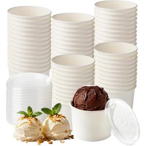 100 Pack 4 oz Paper Ice Cream Cups with Lids Frozen Yogurt Cups Dessert Bowls Snack Dessert Bowl Supplies (White Cups + Clear Lids)