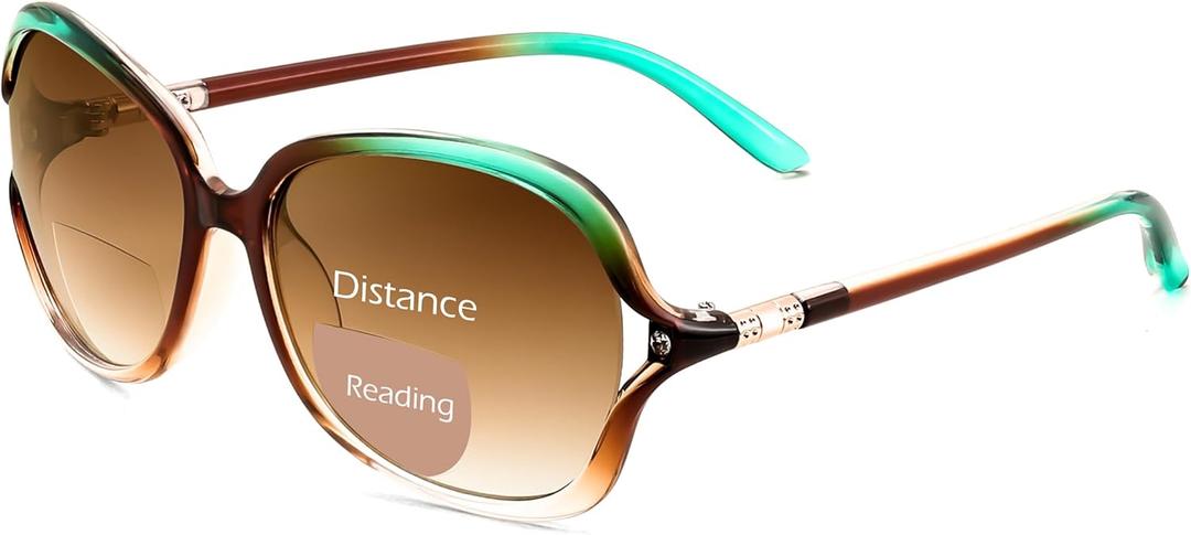 FEISEDY Fashion Bifocal - Reader Sunglasses, Butterfly, Blue Light Blocking Reading Glasses - UV400 Protection B0286 (Green and Brown Frame-gradient Tea Lens)