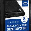 RAINDEWAY Large Tarp 30x30, 8 Mil Thick, Black Tarps Heavy Duty Waterproof, UV Resistant, Cover with Metal Grommets and Reinforced Edges, Finished Size