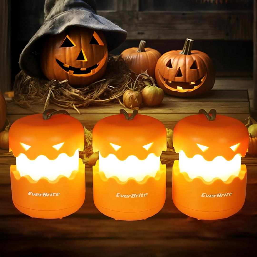 EverBrite 3 Pack Halloween Pumpkin Lantern, Collapsible Jack O Lantern Pumpkins with Lanyard, Halloween Party Favors, Light up Pumpkin Outdoor for Halloween Party Decoration, Battery Included