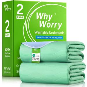 WhyWorry Washable Bed Pads for Adult Incontinence, 34" x 36" (Pack of 2) Washable Pee Pads for Bed Wetting, Heavy Absorbency Reusable Underpads for Elderly & Kids, Waterproof Mattress Protector, Green