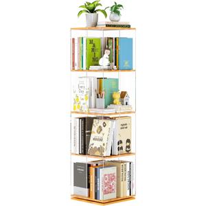 Rotating Bookshelf, 360 Degree Revolving Bookcase, 4-Tier Spinning Bookshelf, Clear Acrylic & Solid Wood Rotating Bookcase for Kids Playroom, Bedroom and Living Room, Square