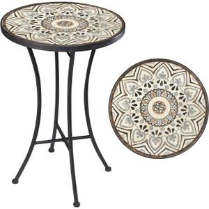 VONLUCE 21" Mosaic Plant Stand, 14 Inch Round Side Table with Ceramic Tile Top, Indoor and Outdoor Accent Table, Outdoor Patio Furniture, End Table for Garden Patio Living Room More, Floral