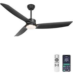 Ohniyou 56 Inch Black Ceiling Fan with Lights, Modern 3 Blades Ceiling Fan with Remote/ APP Control, Reversible DC Motor, Dimmable 3 CCT, Indoor Outdoor Ceiling Fan for Covered Patios Living Room