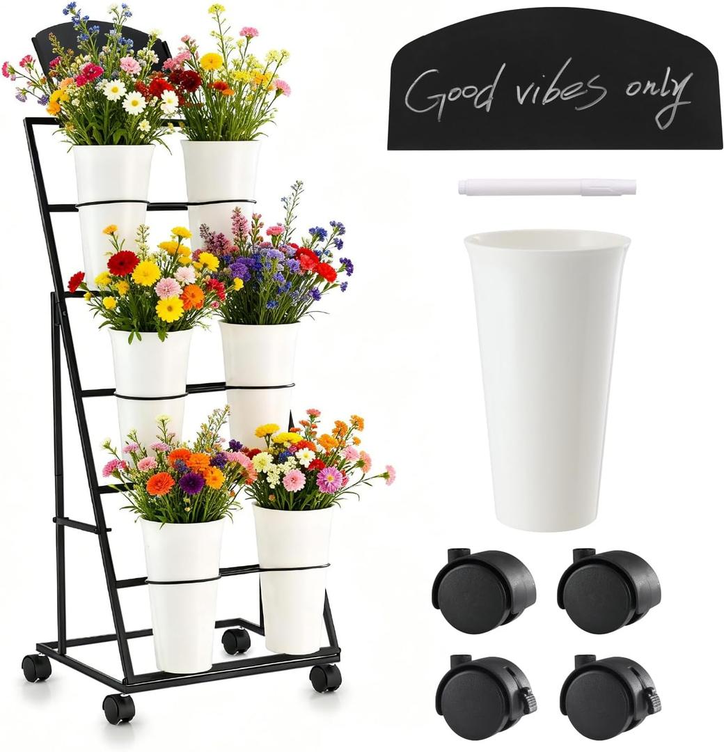Flower stand Flower stand with buckets Suitable for flower shops, celebration events, and indoor and outdoor flower bar 6-bottle Flower Display Stand, Flower cart equipped with a blackboard and wheels