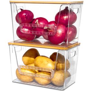 Set of 2 Pantry Organizers and Storage, Stackable Kitchen Counter Basket for Potato, Onion, Fruit, Vegetable, Produce, Clear Front Open Bins with Handle, Bamboo Top