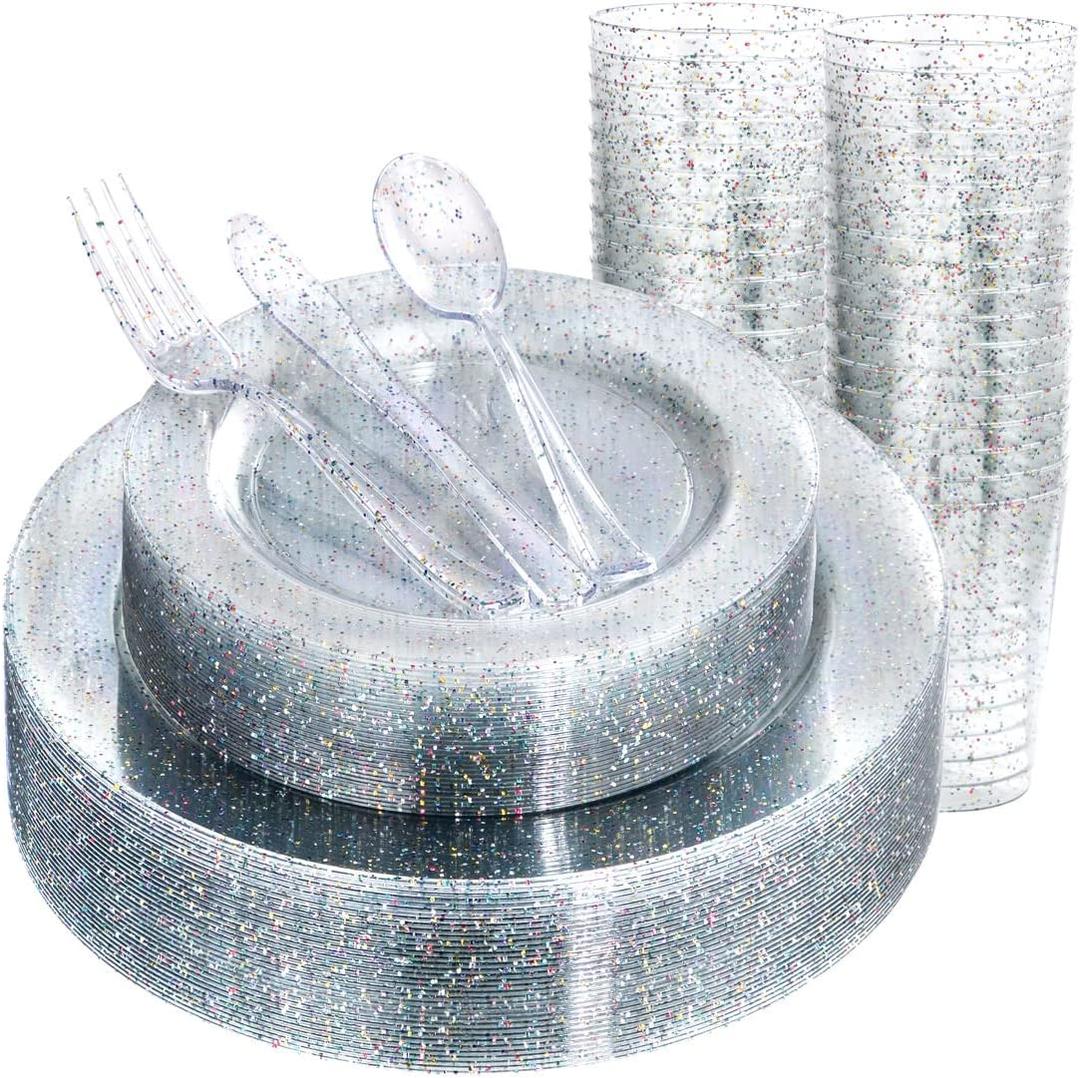 Rubtlamp 180PCS Glitter Plastic Plates with Glitter Disposable Silverware, Clear Glitter Plates for 30 Guests Include 30Dinner Platos, 30Dessert Platos, 90Cutlerys, 30Cups for Party