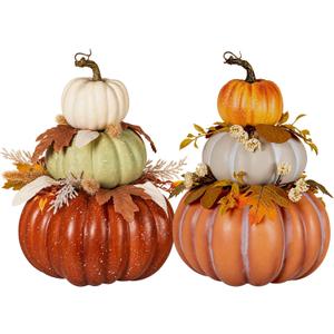 2Pcs 14"Large Stacked Pumpkin Tower Decor, Coffee&Orange‑Red Hard Foam Artificial Pumpkin Topiaries with Maple Leaves Wheat, Harvest Fall Ornament for Halloween Thanksgiving Table Porch Decor