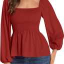 Umenlele Women's Long Sleeve Square Neck Shirred Ruched Ruffle Peplum Blouse Shirt Tops (Medium)