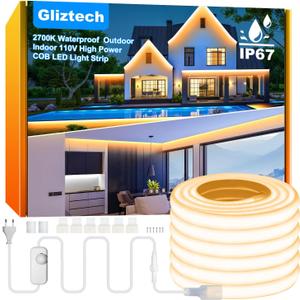IP67 Waterproof COB LED Strip Lights AC 110V-120V Direct Plug, 100FT Super Bright Outdoor Strip Lights with Double Fuse Controller, 2700K Warm White LED Strips for Garden Patio Commercial Decor