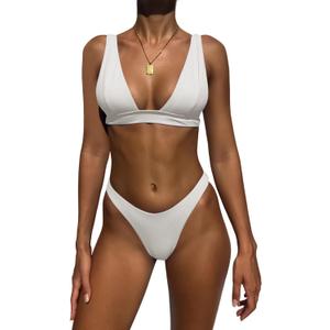 Bathing Suits for Women Deep V Neck Sexy Two Piece Bikini Sets for Women Thong Halter Cheeky Swimsuit (Small, White)