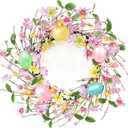 Timer - 20 Inch Easter Wreaths for Front Door Easter Decorations, Easter Wreath with 20 LED Lights Colorful Eggs Flowers Leaves Berried Spring Wreath Decor for Home Holiday Farmhouse Indoor Outdoor