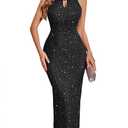 BeryLove Sequin Prom Wedding Guest Cocktail Glitter Spaghetti Strap Dress Evening Sexy Party Bodycon Slit Dresses RBLS0032 Black XL