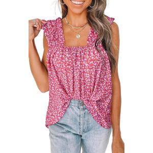 PRETTYGARDEN Boho Floral Tank Tops for Women, Shirred Straps Pleated Summer Casual Sleeveless Shirts Tops Beach Blouses, M