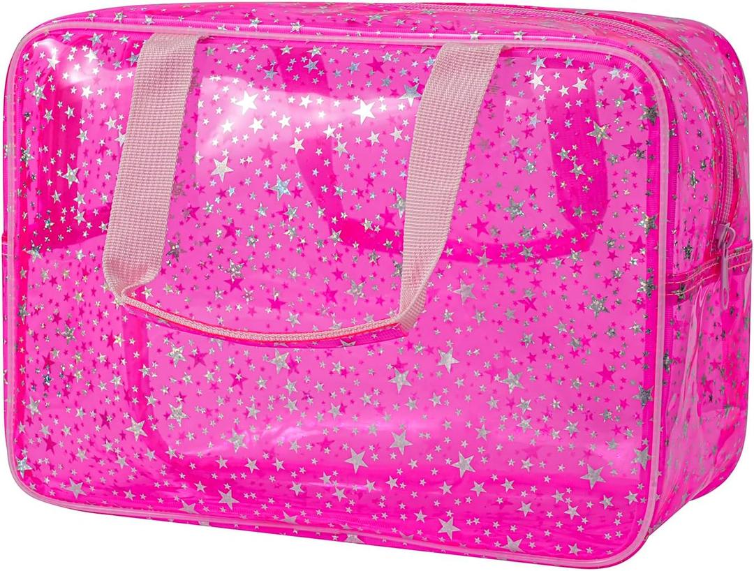 Clear PVC Star Large Cosmetic Bag, Transparent Large Zippered Opening Makeup Bag, Portable Waterproof Travel Bag with Handle, Gym, Swimming and Beach Bag (01Pink)