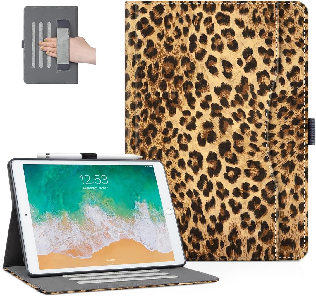 Lokigo Leopard 10.2 Case for iPad 9th/8th/7th Generation (2021/2020/2019), Build with Pencil Holder/Hand Strap/Pocket, Shockproof 10.2 Inch Stand iPadCover, Auto Wake/Sleep, Brown Cheetah