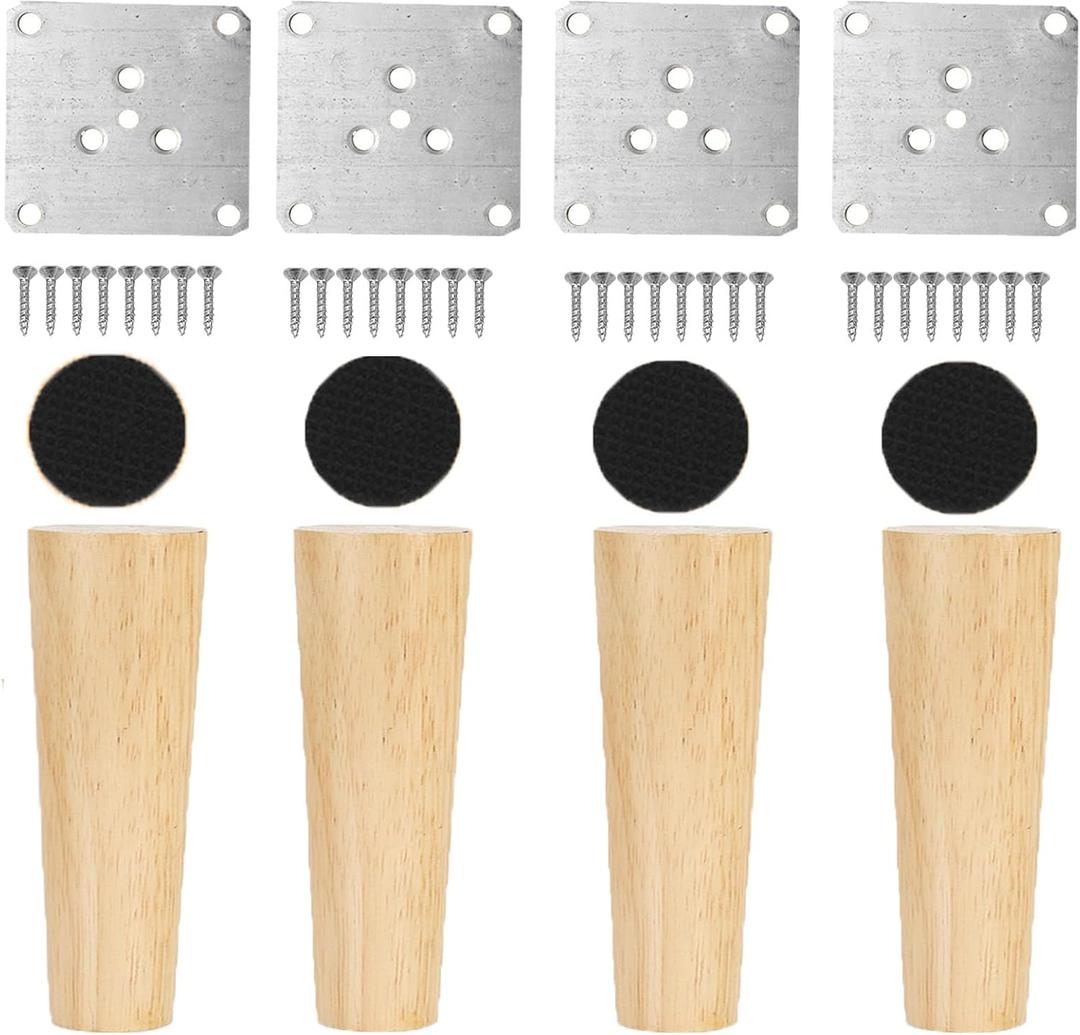 Set of 4 Nature Wood Furniture Leg, 8 Inch Round Sofa Feet Replacement Legs, Chair Bed Closet Cabinet Furniture Feet with Metal Mounting Plates,Screws, Floor Protector Pads for Table Couch