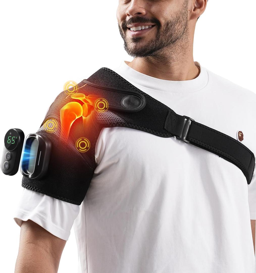 Cordless Shoulder Heating Pad with Magnetic Detachable Remote Control - Heated Massager Shoulder Wrap with 5 Vibration Modes & 5 Heating Levels, Gift for Men & Women, Black