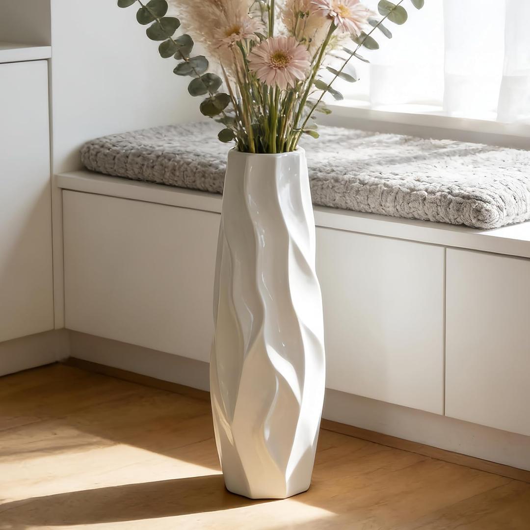 Floor Vase, GDSZJLJ 17.7 Inches Tall Ceramic White Large Decorative Vases for Modern Home Decor, Living Room, Minimalist Style Flower Vase for Pampas Grass, Flowers, Twigs, Office, Bedroom Dcor