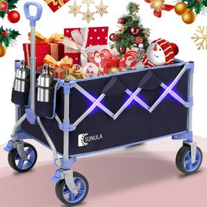 Collapsible Foldable Wagon Cart with 330lbs Weight Capacity, Heavy Duty Folding Wagon Cart with Big All-Terrain Wheels & Drink Holders. Blue