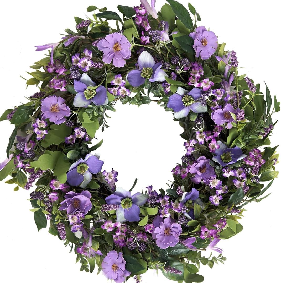 22 Inch Spring Summer Everyday Wreath for Front Door, Purple Lavender Hyacinth Flower Wreath with Green Leaves Indoor Outdoor, Purple Floral for Door Window Wall