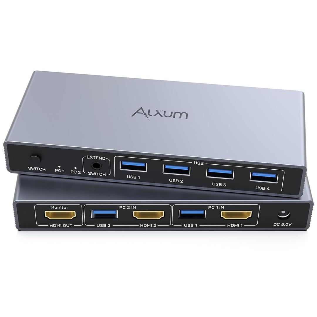 Alxum 2 in 1 Out USB A HDMI KVM Switch-2 Computers 1 Monitor, Two Mode Switching, 4K@60Hz, 5Gbps High-Speed Transmission, 4 USB A for Two Computers Sharing One Monitor, DC5V Adapter and Desktop Controller