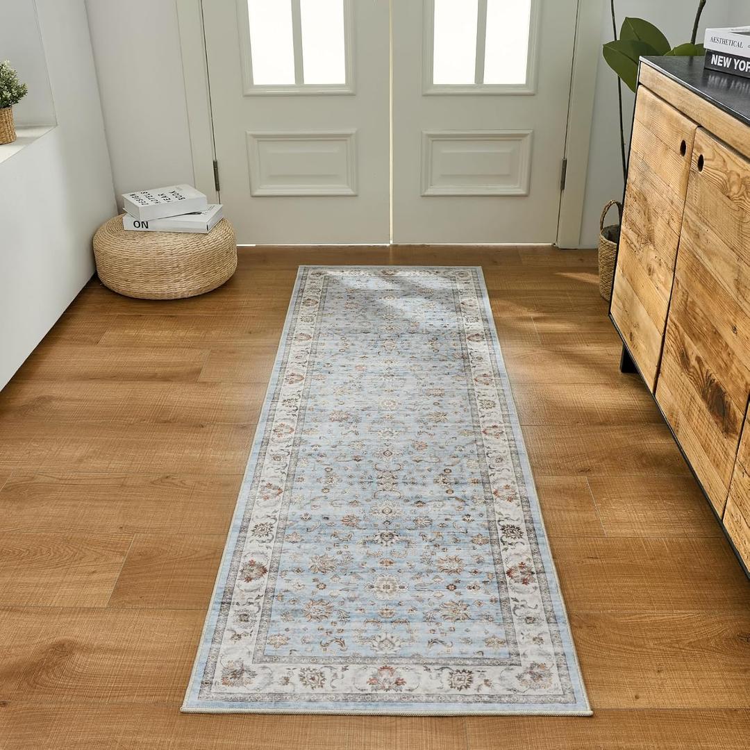 WITSHOCK 2x5 Runner Rugs for Hallway Bathroom: Machine Washable Non Slip Vintage Carpet  Low Pile Lightweight Print Rug for Kitchen Laundry Room Bedroom Beside Rug  Pet & Kids Friendly (Light Blue)