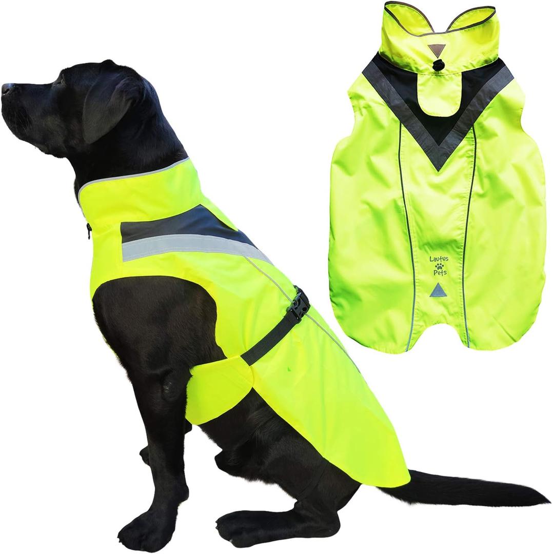 Dog Rain Coat - Waterproof, Reflective, Bright Yellow with Harness Hole (L, Yellow)