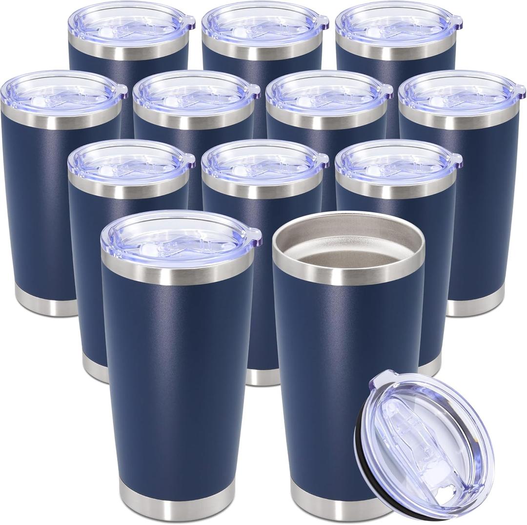 20oz Tumbler Bulk Stainless Steel Tumbler Cup with Lid Vacuum Insulated Double Wall Travel Mug, Durable Powder Coated Travel Coffee Tumbler Mug for Hot & Cold Drinks, Navy,12 Pack