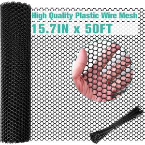 Plastic Mesh Fence Sheet 15.7IN x 50FT - 0.3IN Opening Plastic Chicken Wire Netting Roll Durable for Dogs, Poultry, Puppy, Garden Snake Barrier with 50 Pcs Zip Ties - Black