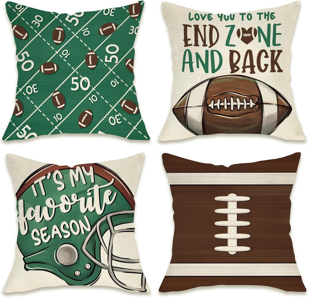 Fahrendom Fall Football Field Decorative Throw Pillow Covers 18 x 18 Set of 4, Autumn Rugby American Sport Game Porch Outdoor Pillowcase, It's My Favorite Season Cushion Case Home Decor