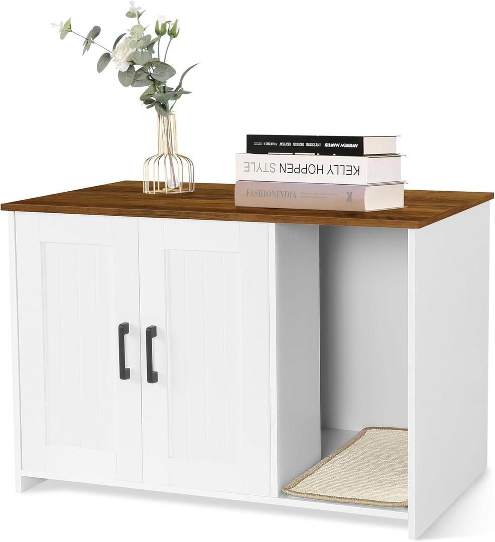 DWANTON Litter Box Enclosure, Cat Litter Box Furniture Hidden, with Scratching Mat, Wooden Cat Washroom Indoor, 31.5" L x 19.7" W x 21.7" H, White and Warm Brown