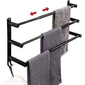 Towel Bars Freely Retractable 20-30 Inche Stainless Steel 304 Bath Towel Rack Strong 3M Adhesive Bathroom Wall-mounting Free mounting Hole-Installing washroom Kitchen Space Saving Black-2 Bars