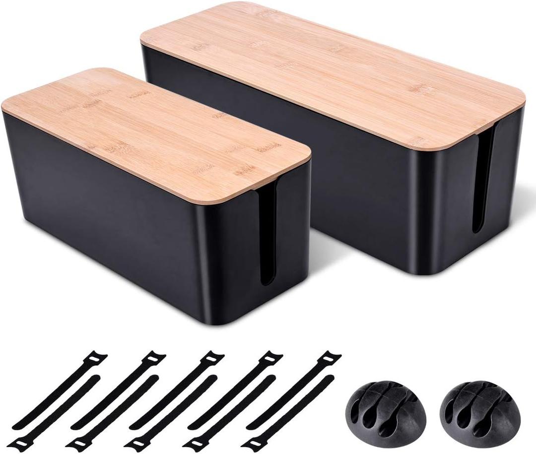 2 Pack Large Cable Management Box  Wooden Style Cord Organizer Box and Cover for TV Wires, Computer, Router, USB Hub and Under Desk Power Strip  Safe ABS Material and Baby-Pets Proof Lock (Black)