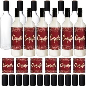 Maxcheck 12 Set 25 oz Christmas Coquito Bottles Plastic Wine Bottles Christmas Botellas Para Coquito with Caps Label Stickers 750ml Empty Brewing Container for Bar Party(Clear,Beautiful)