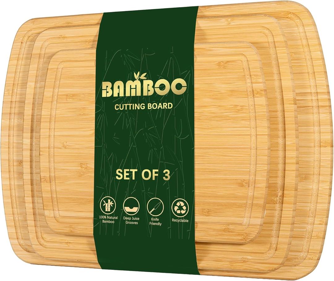 17.5" x 12.4" Cutting Boards for Kitchen-Made of Organic Bamboo Cutting Board Set of 3,Wood Cutting Boards with Deep Juice Grooves, Charcuterie Boards, Butcher Block Cutting Board, Easy Grip Handle