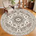 Washable Oriental Area Rug - 9ft Round Rugs for Living Room Soft Carpet for Bedroom Waterproof Floral Distressed Indoor Stain Resistant Non-Shedding Floor Carpets (Beige, 9ft-Round)