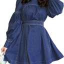 Denim Dress for Women Puff Long Sleeve, Mock Neck Babydoll Jean Mini Dress with Tie and Pocket (Large, Medium Blue)