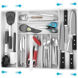 Simple Houseware Expandable & Adjustable Cutlery Drawer Organizer - Large Utensil and Flatware Tray for Kitchen Drawers, White