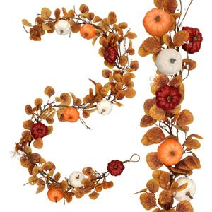 6ft Long Thanksgiving Artificial Garland with Pumpkin Autumn Mixed Eucalyptus Garland Farmhouse Hanging Rustic Fall Wreath Decor for Front Door Kitchen Fireplace Home Indoor Outdoor