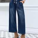 Cicy Bell Women's Wide Leg Jeans Casual Drawstring High Wasit Boyfriend Loose Baggy Capri Denim Pants with Pockets (Blue)