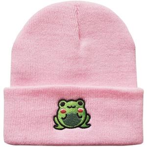 Frog Beanie Hat for Women Men Cute Winter Hat Curved Beanies (Pink)