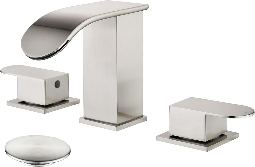 Bathroom Sink Faucet 3 Hole Brushed Nickel, Waterfall Bathroom Faucet with Pop Up Drain and cUPC Supply Line, 2 Handle Metal Widespread Faucet for Bathroom Vanity Sink