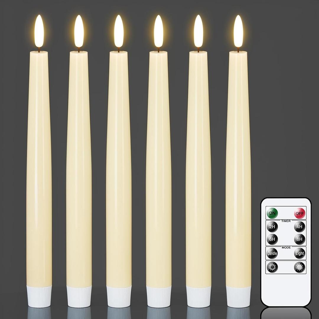 GenSwin Flameless Taper Candles with Remote, Ivory LED Taper Candles Battery Operated, Real Wax Flameless Candlesticks with 3D Wick for Home Halloween Christmas Decor(Set of 6, 0.78 x 9.84)
