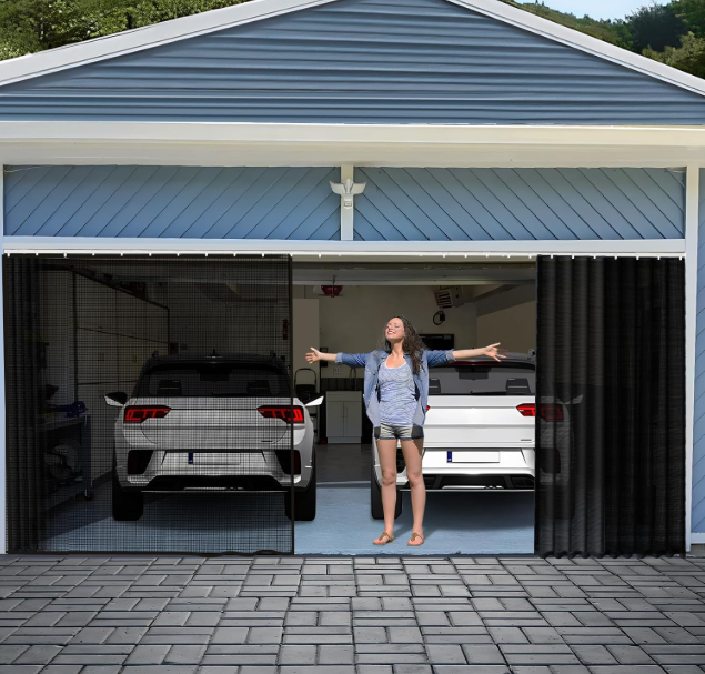 Sliding Garage Door Screen 2 Car,16x7Ft Garage Door Retractable Privacy Curtain Keep Annoying Animals Out Easy Install Heavy Duty Fiberglass Mesh Net for Opening Garage Black