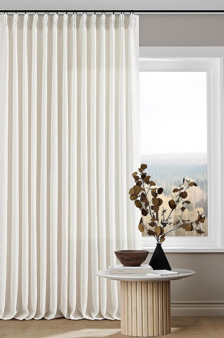 98 Inch Long Curtains Pinch Pleat Linen Curtains for Living Room Bedroom 2 Panels Natural Cream Light Filtering Privacy Neutral 98 Inch Pleated Drapes Hooks Rings Back Tab for Window Treatment, 40"W x 98"L