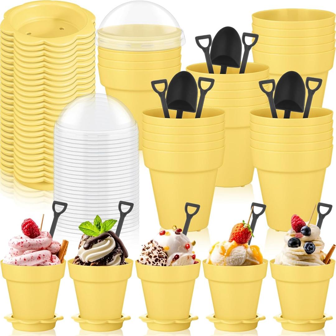 Honeydak 25 Pack Flowerpot Dessert Cup Plastic Cake Cups with Lid Shovel Spoon Mini Flower Pot Dessert Cups Ice Cream Yogurt Cupcake Holder Containers for Birthday Party Supplies DIY Baking (Yellow)