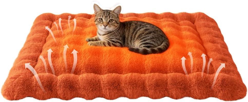 Cat Bed Mat, Soft Plush Faux Fur Kneading Pet Bed, Machine Washable Cat Sleeping Pad for Indoor Cats & Kittens, Non-Slip Fluffy Cat Rug for Couch Sofa Floor, 23x15 Inch Orange