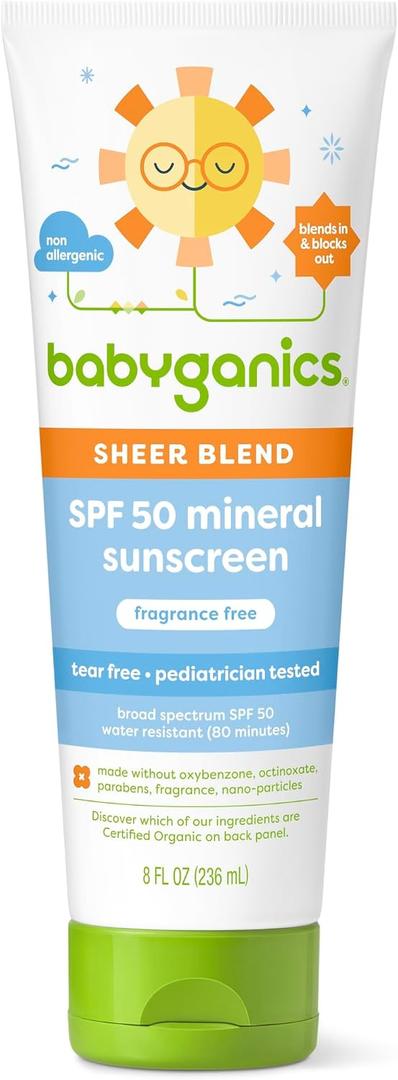Babyganics SPF 50 Mineral Sunscreen Lotion, Sheer Blend, UVA UVB Protection, Octinoxate & Oxybenzone Free, Water Resistant, Fragrance Free, 8 oz (EXP 04/2027)